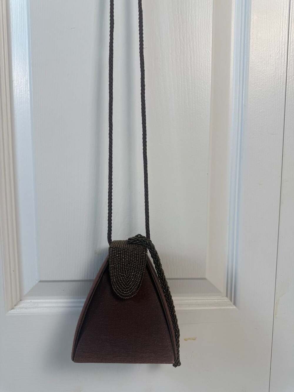 Vintage Bronze Satin Beaded Evening Bag Mini Pyramid Purse Formal Cocktail Handb